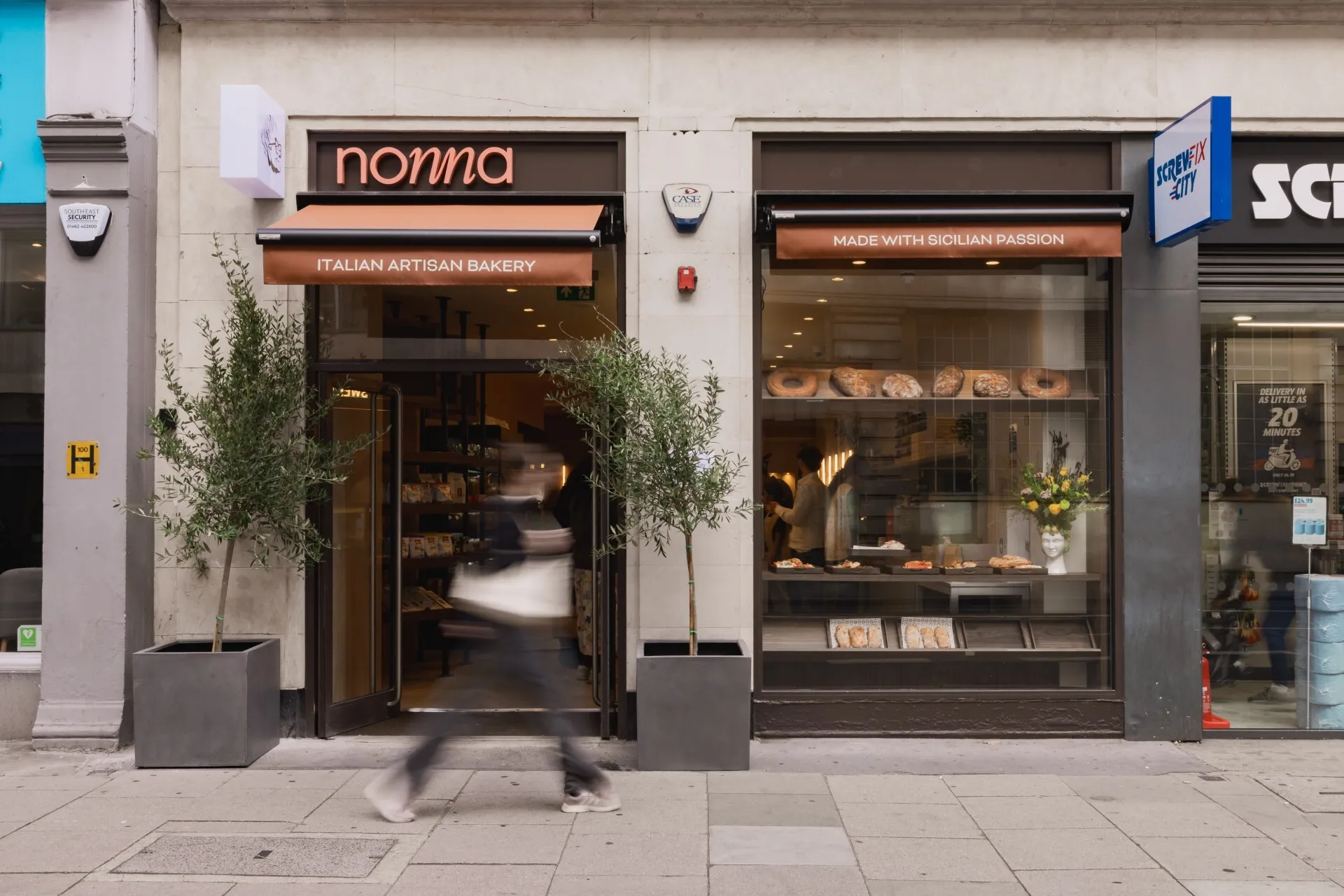 upscale bakery entrance on main road